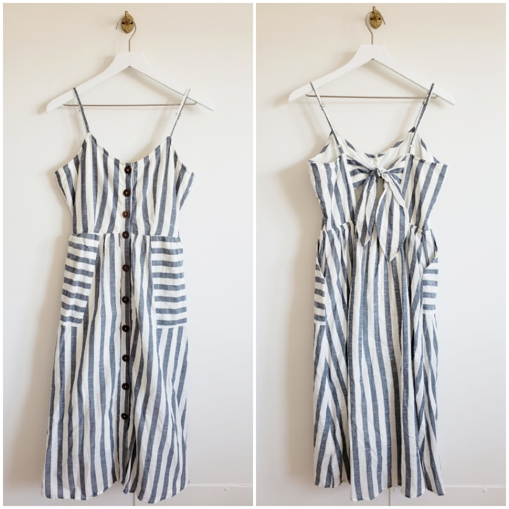 Blue Stripe Button Front Midi Sundress Medium